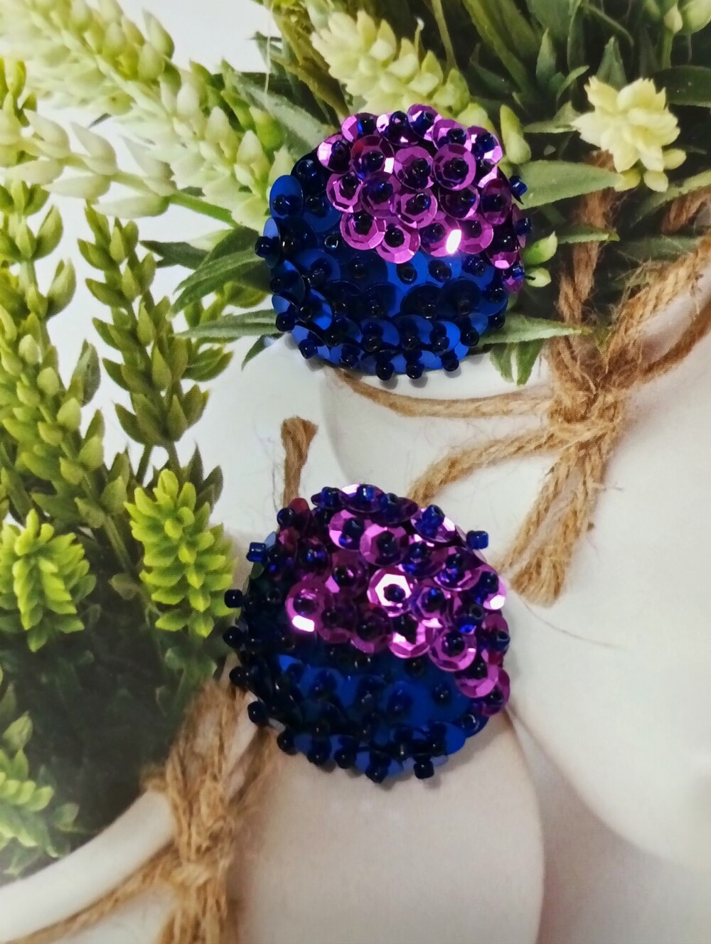 Vintage Purple & Royal Blue Sequin Clip Earrings